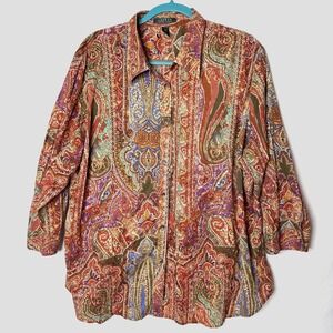 Lauren Ralph Lauren Tunic Top 3X Button Lightweight Gauze 100% Cotton Print 3XL